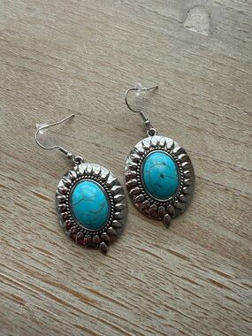 Silver Tone Turquoise Style Drop Earrings Western Boho Statement Oval